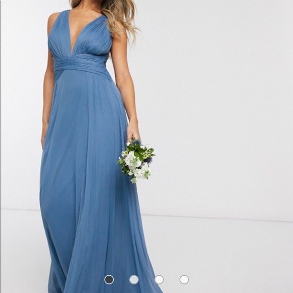 ASOS Design Bridesmaid ruched bodice drape maxi dress with wrap waist in blue